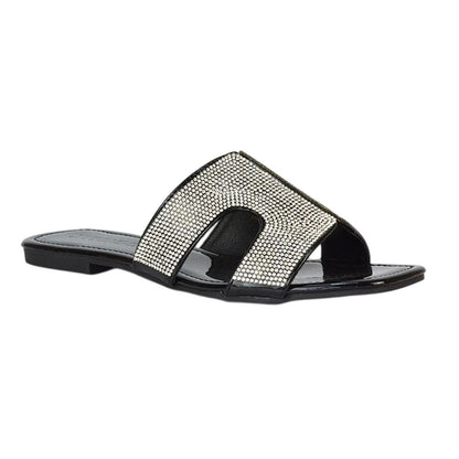 True Black - Front - XY London Womens-Ladies Jamie Patent Diamante Slip-on Flat Sliders