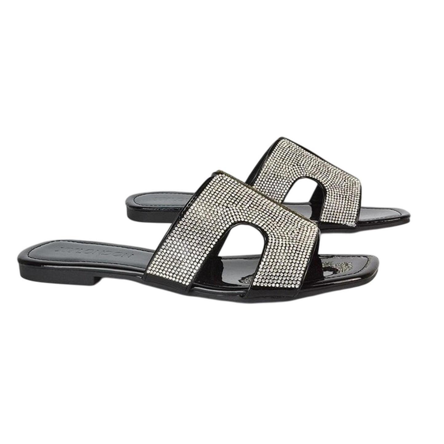 True Black - Lifestyle - XY London Womens-Ladies Jamie Patent Diamante Slip-on Flat Sliders