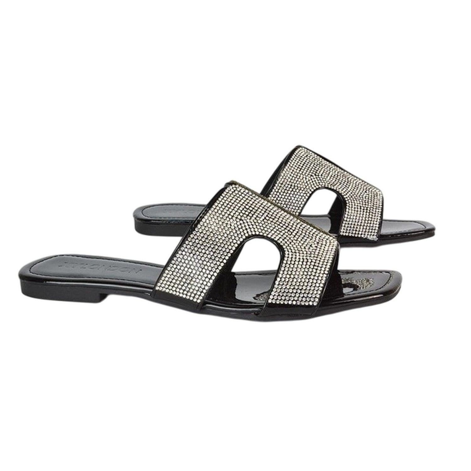 True Black - Lifestyle - XY London Womens-Ladies Jamie Patent Diamante Slip-on Flat Sliders