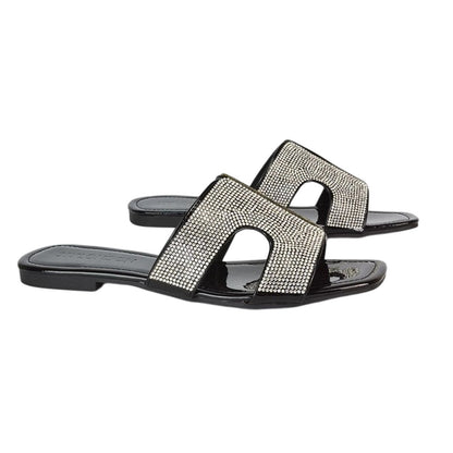 True Black - Lifestyle - XY London Womens-Ladies Jamie Patent Diamante Slip-on Flat Sliders