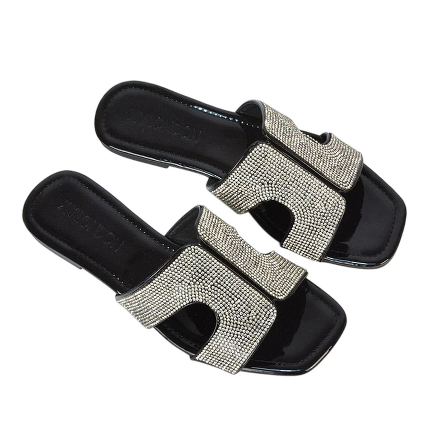 True Black - Side - XY London Womens-Ladies Jamie Patent Diamante Slip-on Flat Sliders