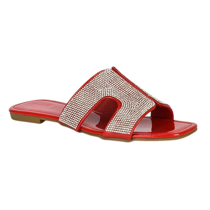 Red - Front - XY London Womens-Ladies Jamie Patent Diamante Slip-on Flat Sliders