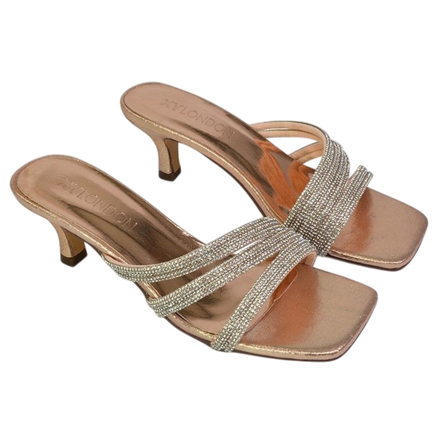 Rose Gold - Front - XY London Womens-Ladies Sparkle Diamante Square Toe Mule Sandals