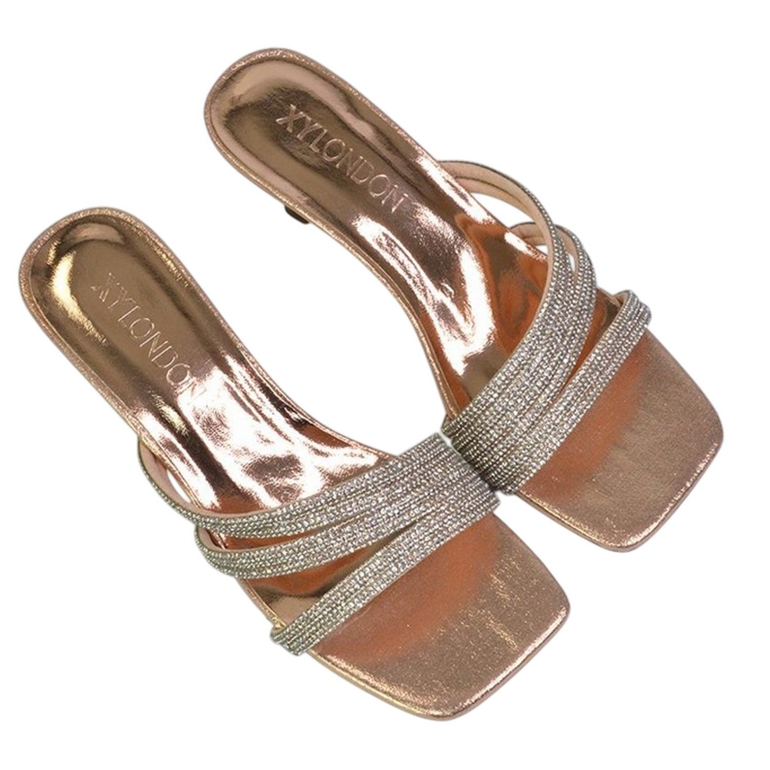 Rose Gold - Lifestyle - XY London Womens-Ladies Sparkle Diamante Square Toe Mule Sandals