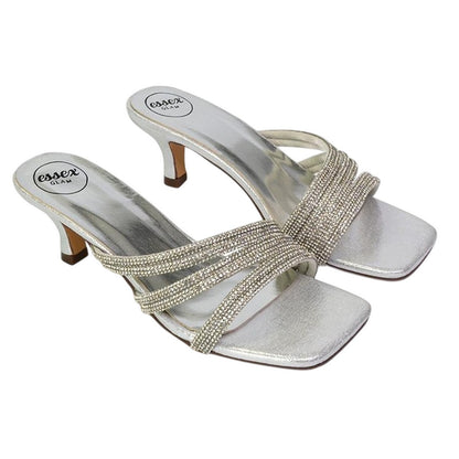 Silver - Front - XY London Womens-Ladies Sparkle Diamante Square Toe Mule Sandals