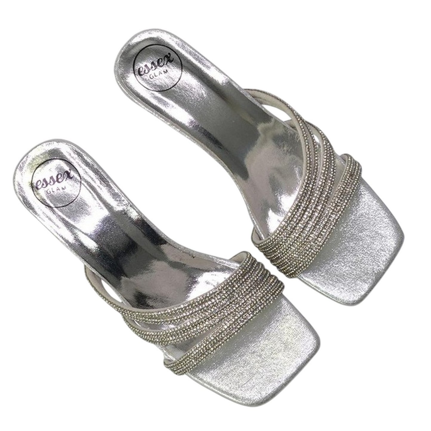 Silver - Lifestyle - XY London Womens-Ladies Sparkle Diamante Square Toe Mule Sandals