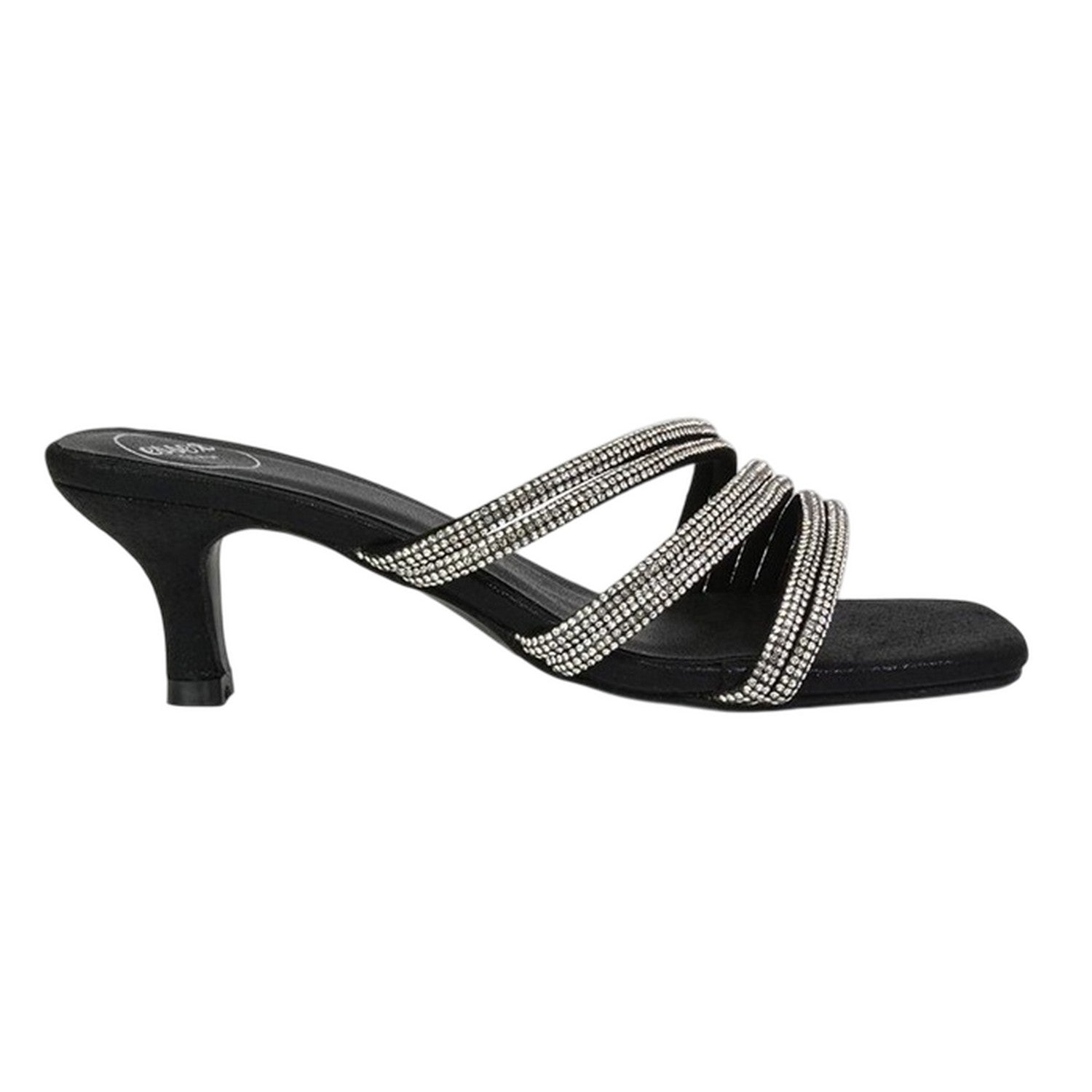 Black - Side - XY London Womens-Ladies Sparkle Diamante Square Toe Mule Sandals