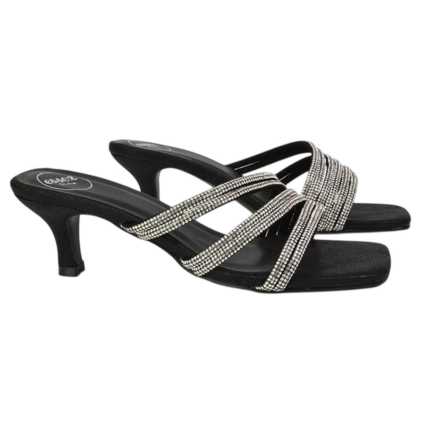 Black - Pack Shot - XY London Womens-Ladies Sparkle Diamante Square Toe Mule Sandals