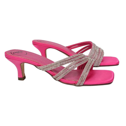 Fuchsia - Pack Shot - XY London Womens-Ladies Sparkle Diamante Square Toe Mule Sandals