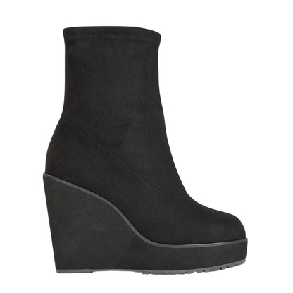 Jet Black - Side - XY London Womens-Ladies Camille Platform Wedge Sock Ankle Boots
