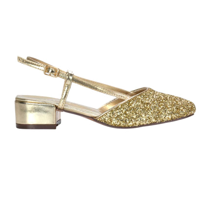 Gold - Side - XY London Womens-Ladies Kira Glitter Low Heel Court Shoes