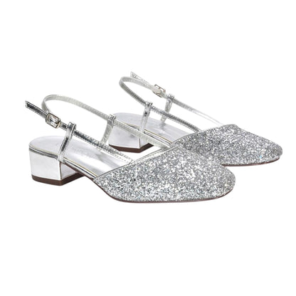 Silver - Front - XY London Womens-Ladies Kira Glitter Low Heel Court Shoes