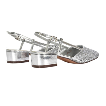 Silver - Back - XY London Womens-Ladies Kira Glitter Low Heel Court Shoes
