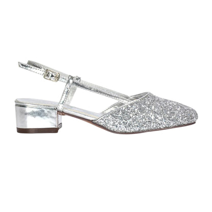 Silver - Side - XY London Womens-Ladies Kira Glitter Low Heel Court Shoes