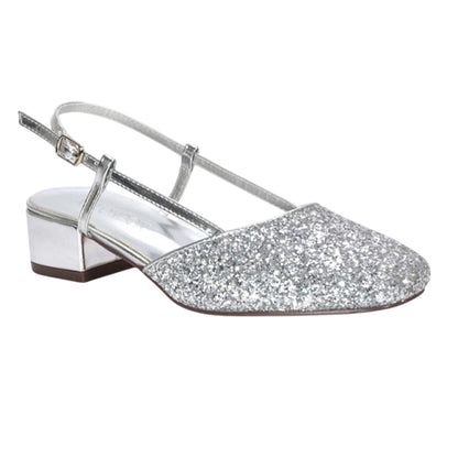 Silver - Pack Shot - XY London Womens-Ladies Kira Glitter Low Heel Court Shoes
