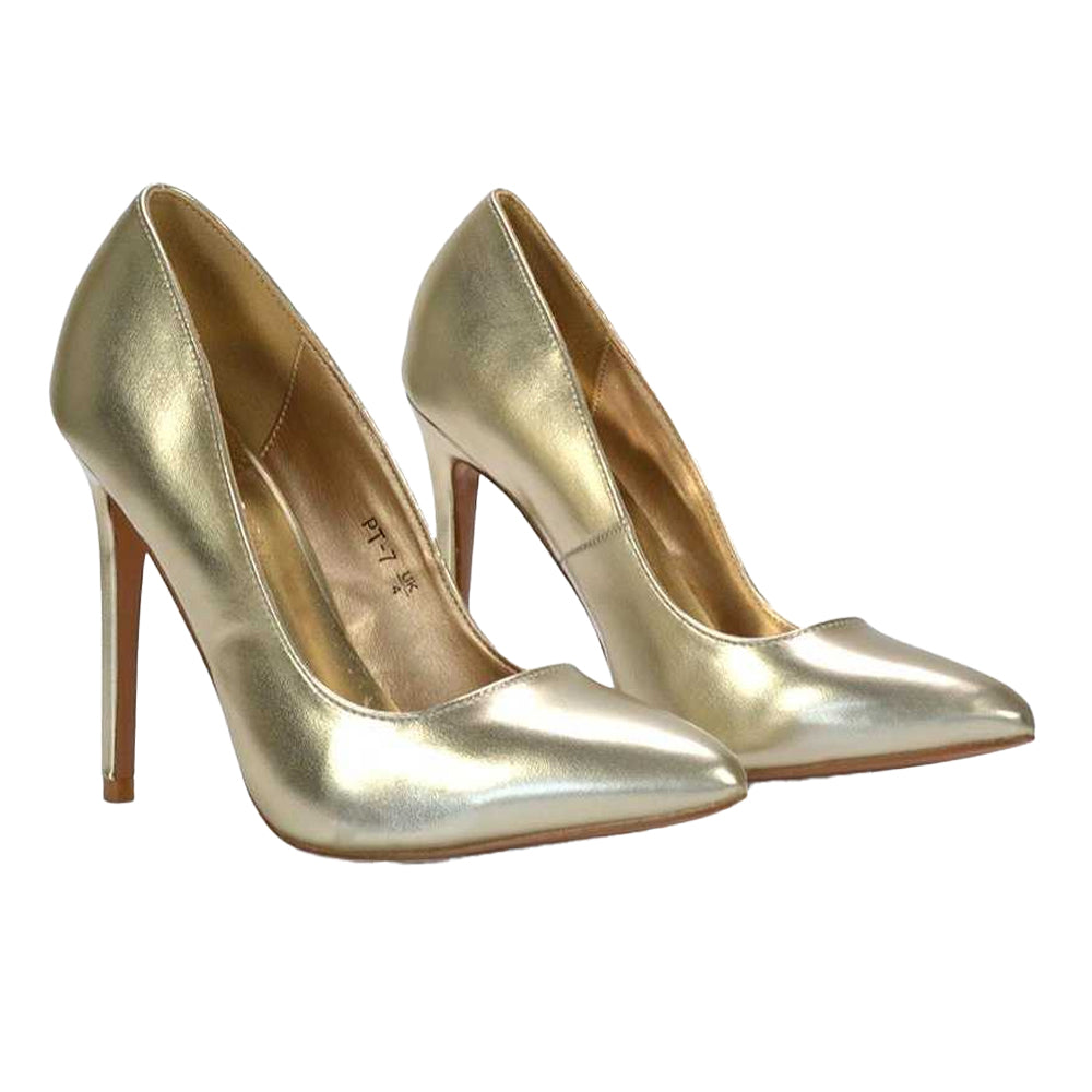 Metallic Gold - Lifestyle - XY London Womens-Ladies Lu Lu Metallic Pointed High Stiletto Heel Court Shoes