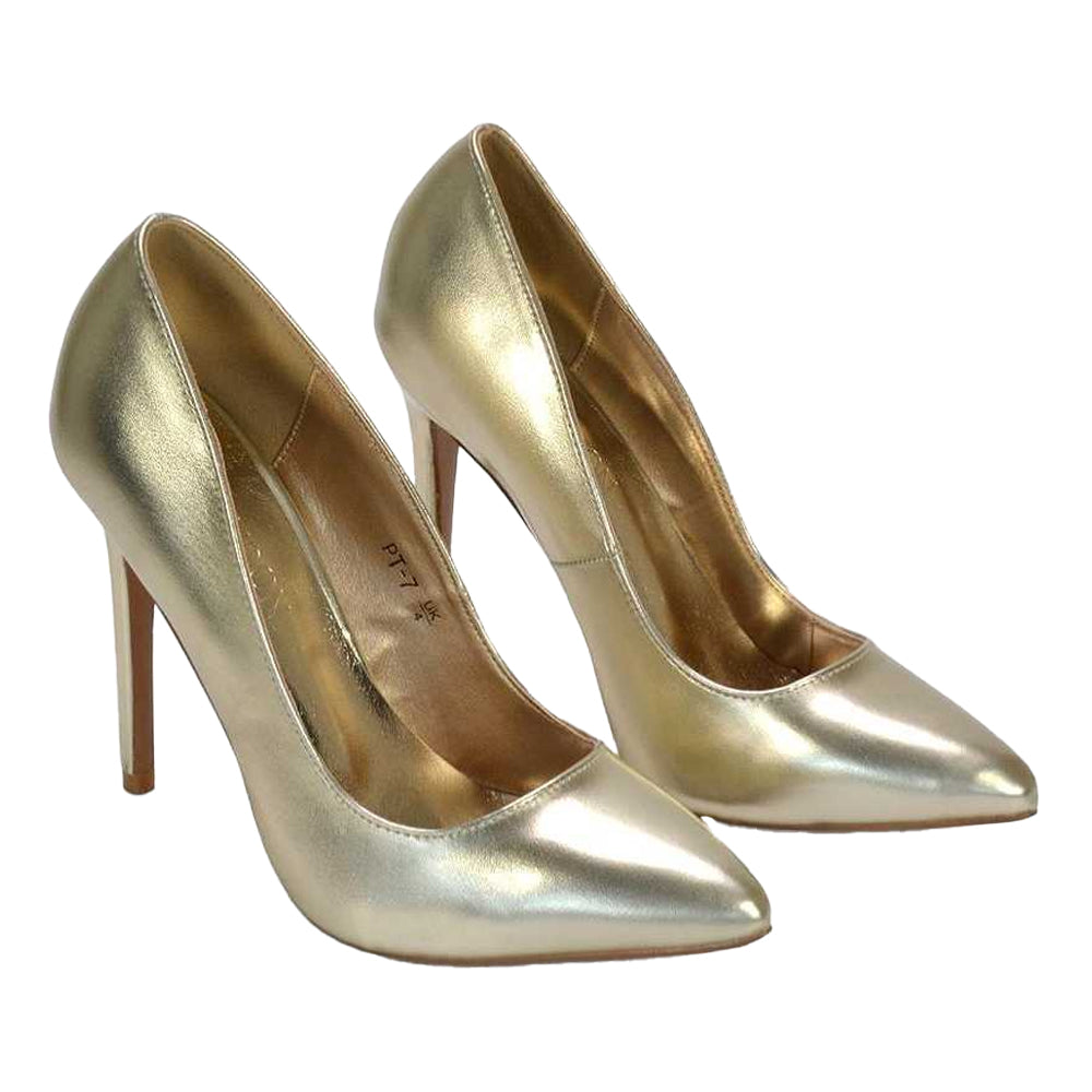Metallic Gold - Pack Shot - XY London Womens-Ladies Lu Lu Metallic Pointed High Stiletto Heel Court Shoes