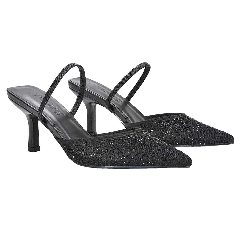 Black - Pack Shot - XY London Womens-Ladies Chase Rhinestone Mesh Court Shoes