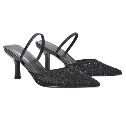 Black - Pack Shot - XY London Womens-Ladies Chase Rhinestone Mesh Court Shoes