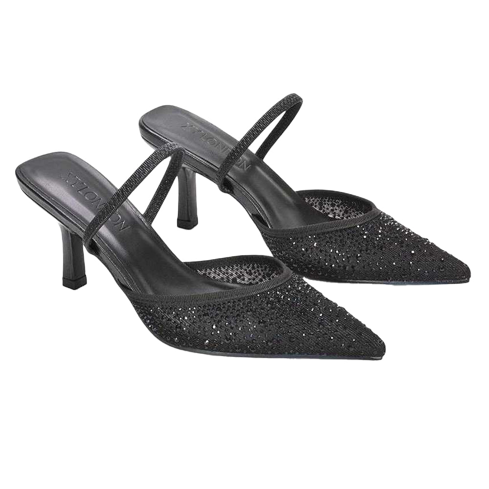 Black - Close up - XY London Womens-Ladies Chase Rhinestone Mesh Court Shoes