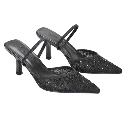 Black - Close up - XY London Womens-Ladies Chase Rhinestone Mesh Court Shoes