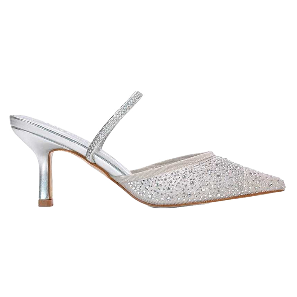 Silver - Side - XY London Womens-Ladies Chase Rhinestone Mesh Court Shoes