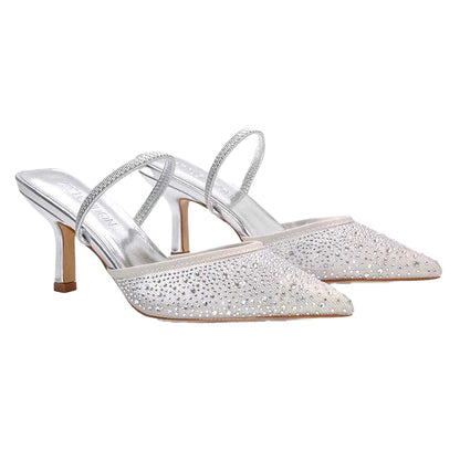 Silver - Pack Shot - XY London Womens-Ladies Chase Rhinestone Mesh Court Shoes