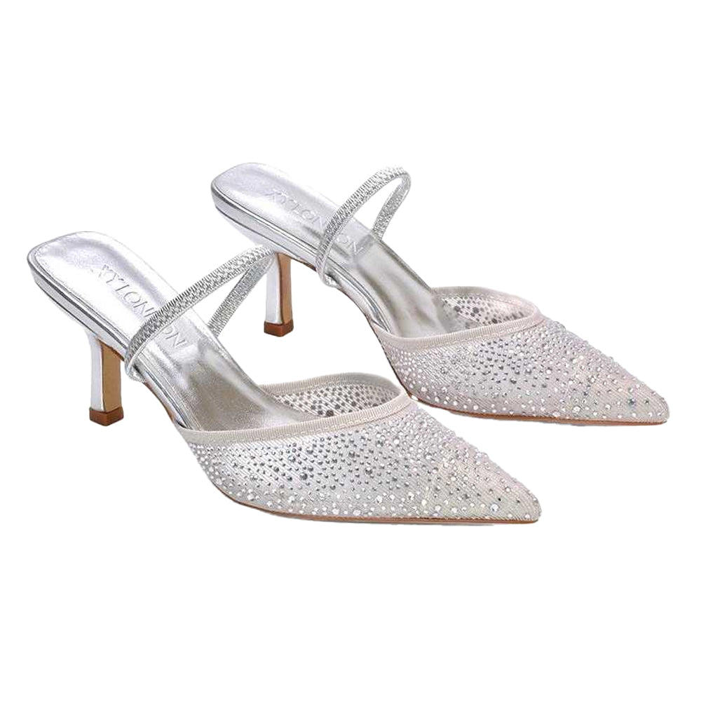 Silver - Close up - XY London Womens-Ladies Chase Rhinestone Mesh Court Shoes