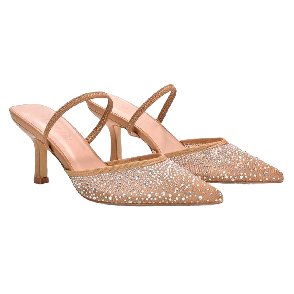 Beige - Pack Shot - XY London Womens-Ladies Chase Rhinestone Mesh Court Shoes