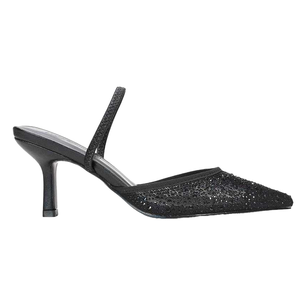 Black - Side - XY London Womens-Ladies Chase Rhinestone Mesh Court Shoes