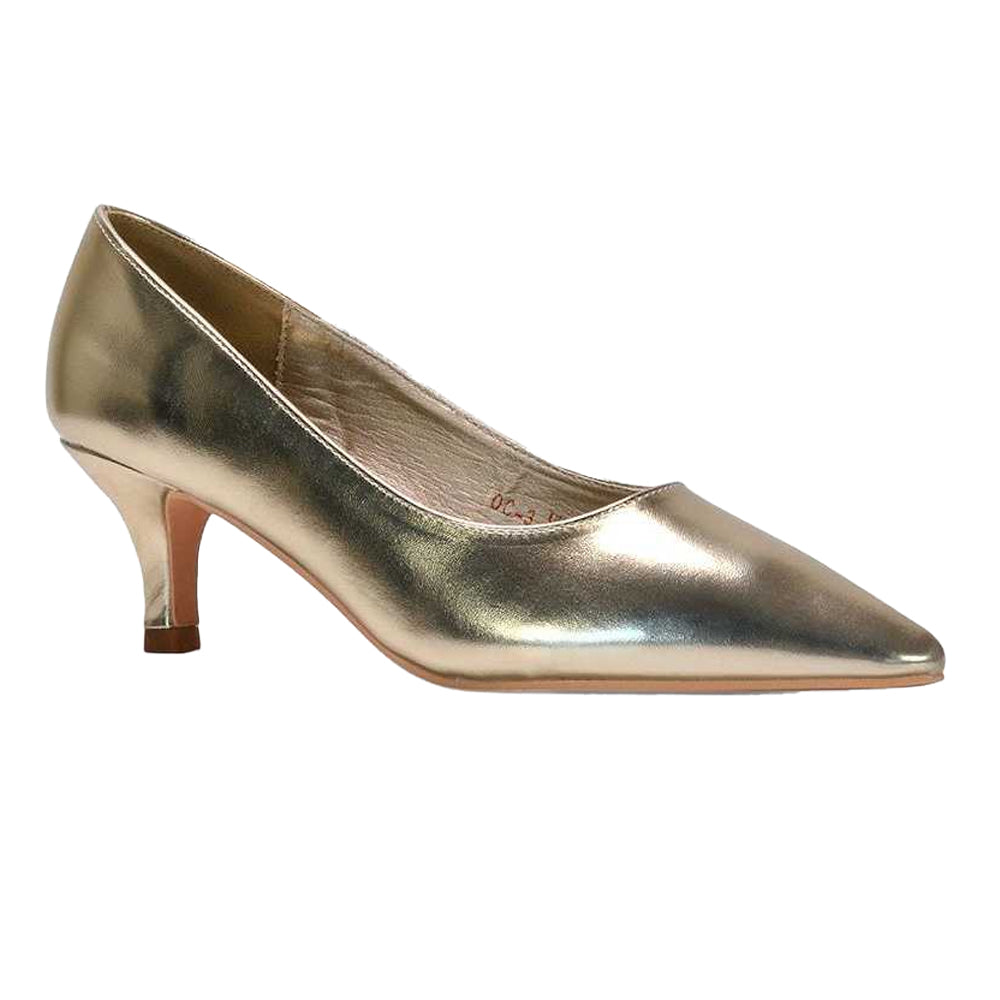 Metallic - Front - XY London Womens-Ladies Cali Metallic Low Kitten Heel Court Shoes