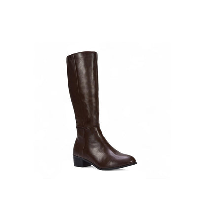 Brown - Back - XY London Womens-Ladies Anne Low Block Heel Knee-High Boots