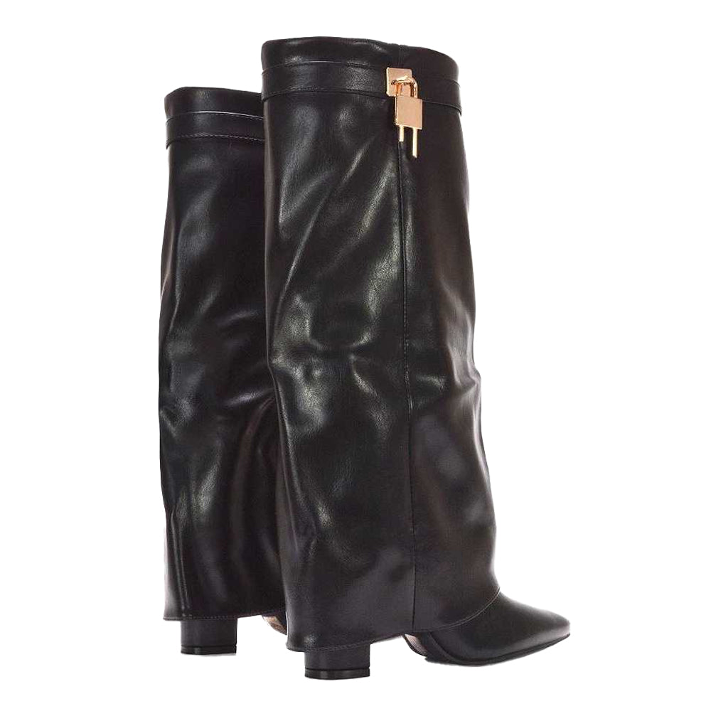Black - Back - XY London Womens-Ladies Holly Fold Over Knee-High Boots