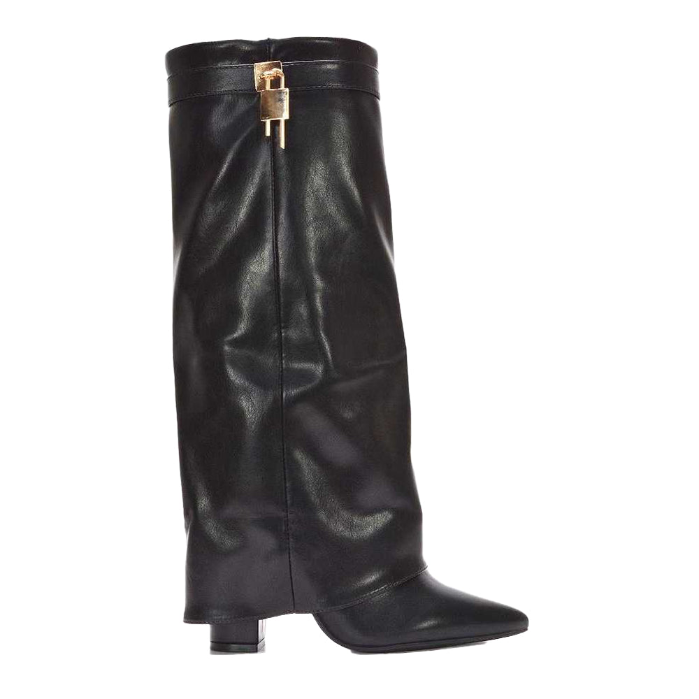Black - Side - XY London Womens-Ladies Holly Fold Over Knee-High Boots