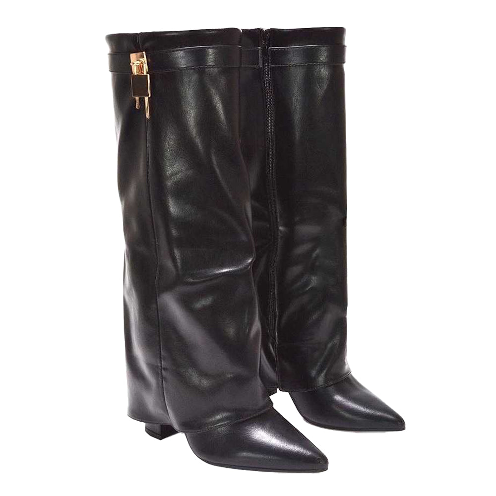 Black - Pack Shot - XY London Womens-Ladies Holly Fold Over Knee-High Boots