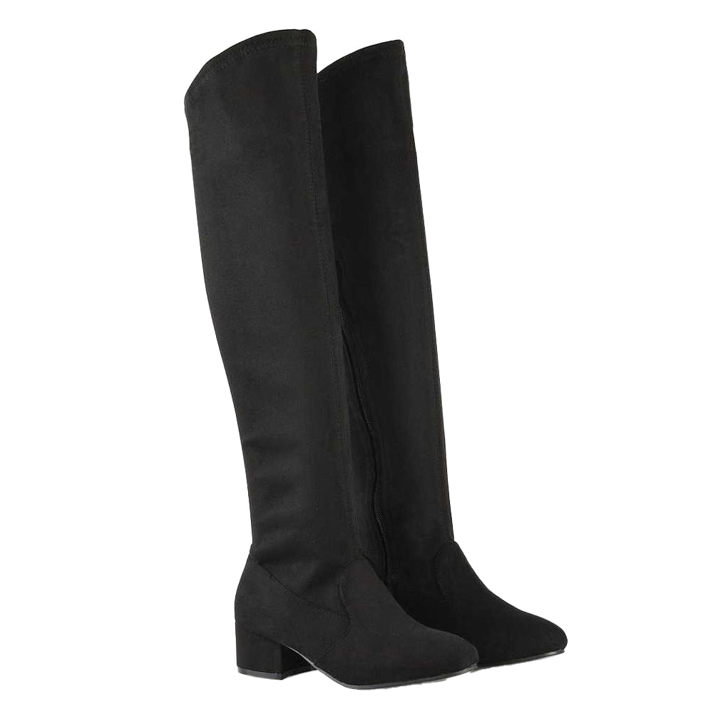 Jet Black - Pack Shot - XY London Womens-Ladies June Low Block Heel Knee-High Boots