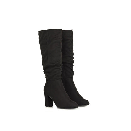 Jet Black - Side - XY London Womens-Ladies Alana Block Heel Ruched Knee-High Boots