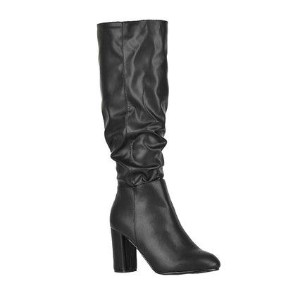 Black - Front - XY London Womens-Ladies Alana Block Heel Ruched Knee-High Boots