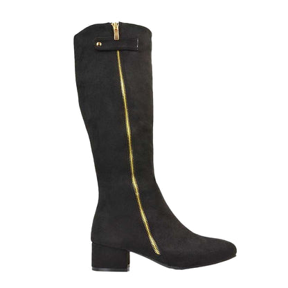 Jet Black - Side - XY London Womens-Ladies Darcy Low Block Heel Knee-High Boots