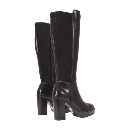 Black - Back - XY London Womens-Ladies Libby Platform Heel Elasticated Knee-High Boots