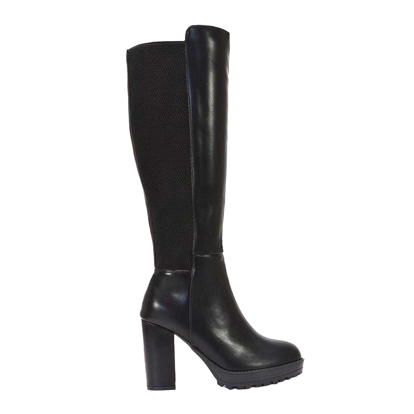 Black - Side - XY London Womens-Ladies Libby Platform Heel Elasticated Knee-High Boots