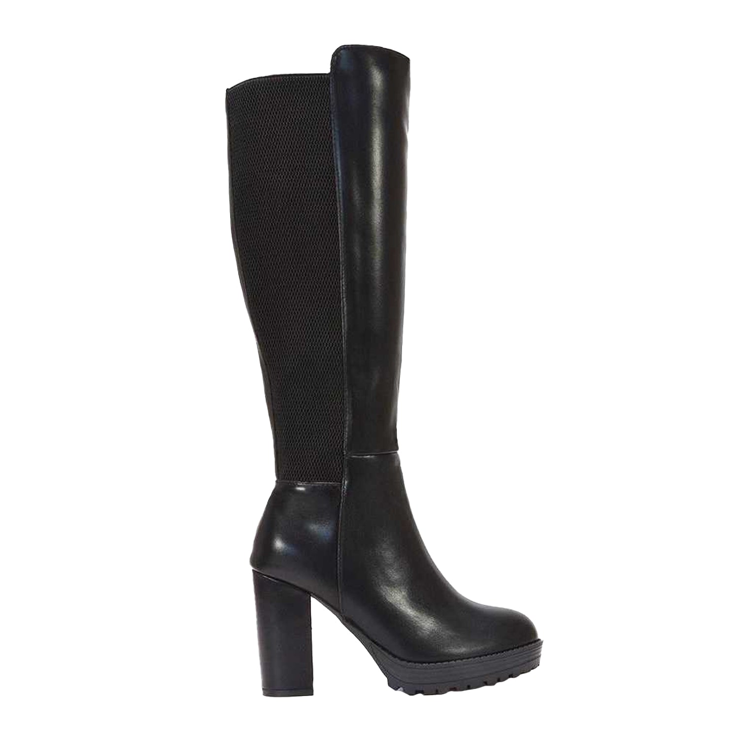 Black - Side - XY London Womens-Ladies Libby Platform Heel Elasticated Knee-High Boots