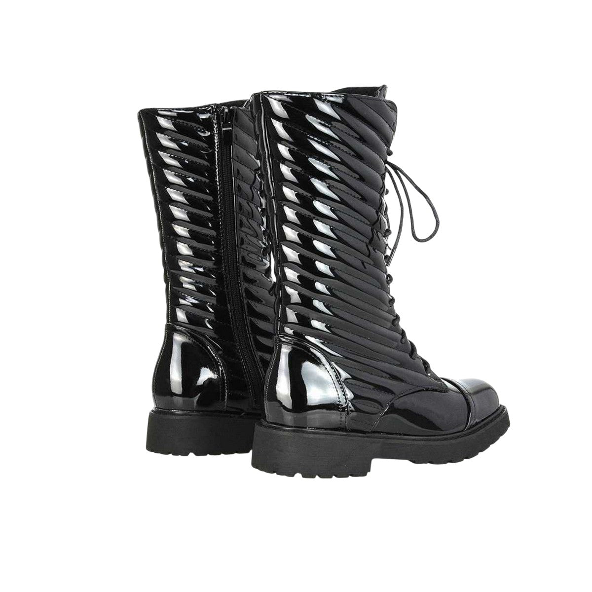 True Black - Back - XY London Womens-Ladies Patent Lace Up Padded Flat Combat Boots