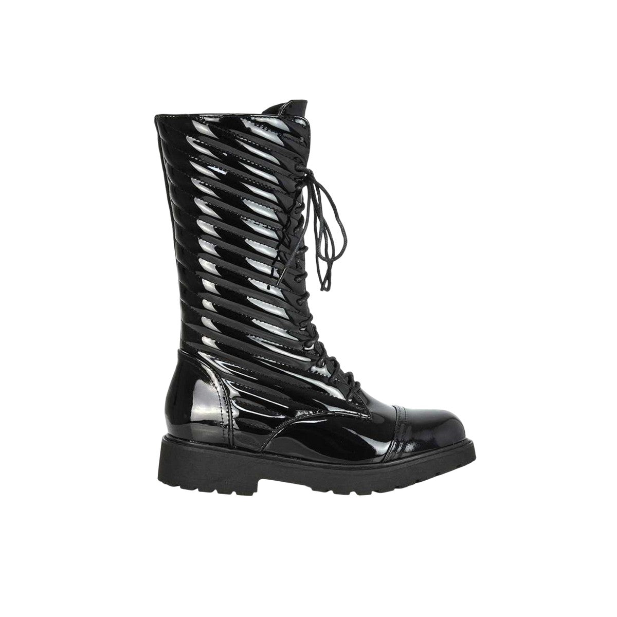 True Black - Side - XY London Womens-Ladies Patent Lace Up Padded Flat Combat Boots