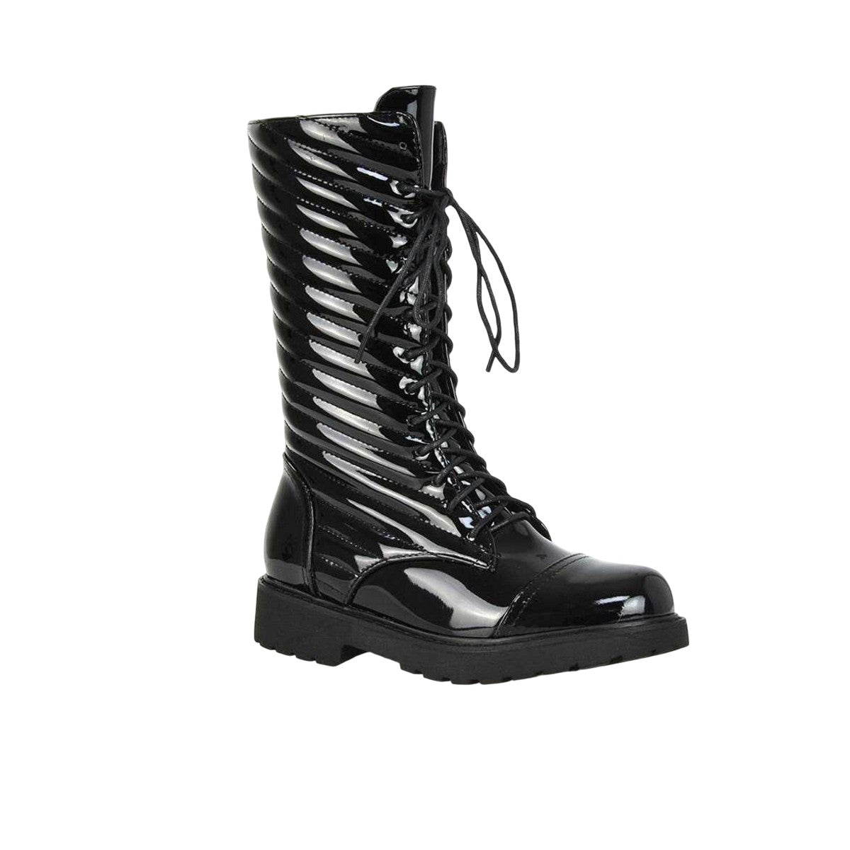True Black - Lifestyle - XY London Womens-Ladies Patent Lace Up Padded Flat Combat Boots