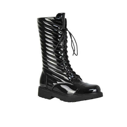 True Black - Lifestyle - XY London Womens-Ladies Patent Lace Up Padded Flat Combat Boots