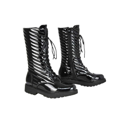 True Black - Pack Shot - XY London Womens-Ladies Patent Lace Up Padded Flat Combat Boots