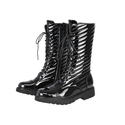 True Black - Front - XY London Womens-Ladies Patent Lace Up Padded Flat Combat Boots