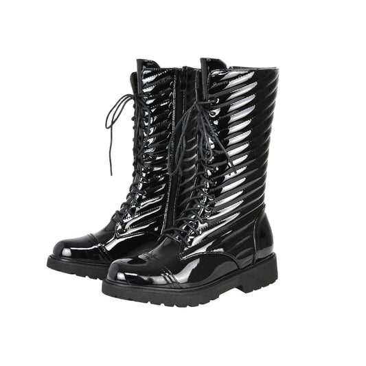 True Black - Front - XY London Womens-Ladies Patent Lace Up Padded Flat Combat Boots