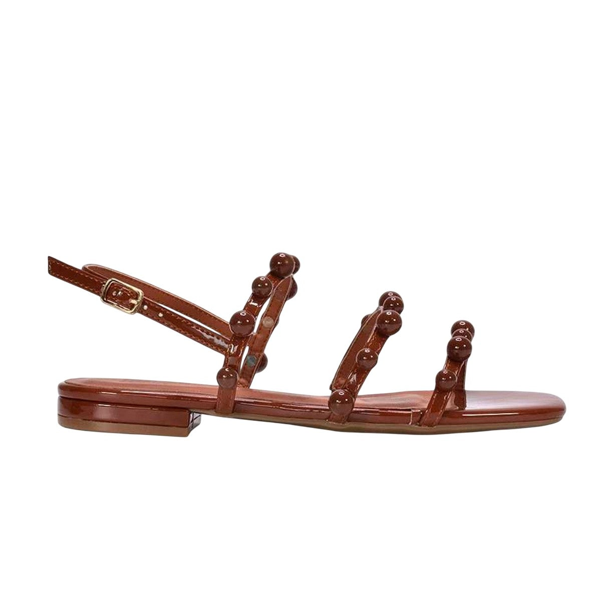 Brown - Back - XY London Womens-Ladies Pamela Patent Strappy Beaded Flat Sandals